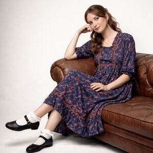 LA VESTE Floral Cottagecore Midi Dress Navy Blue Velvet Trim Sz S $565 {3S53}